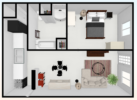 Floor plan for 1 bed, 1 bath, 850 sqft